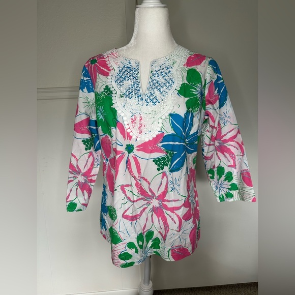 Talbots Pink and Green Graphic Blouse with Mandarin Collar size M - Picture 2 of 9